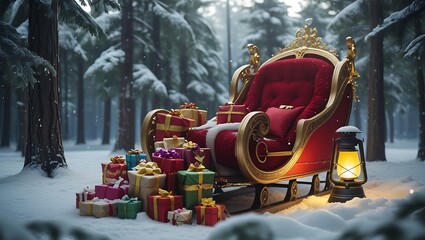 Santa's sleigh laden with gifts in a snowy forest scene