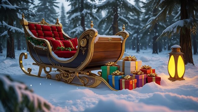 Santa's sleigh laden with gifts in a snowy winter forest - Powered by Adobe