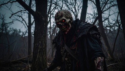 A fearsome figure in a dark forest, shrouded in shadows and highlighted by red glowing eyes.