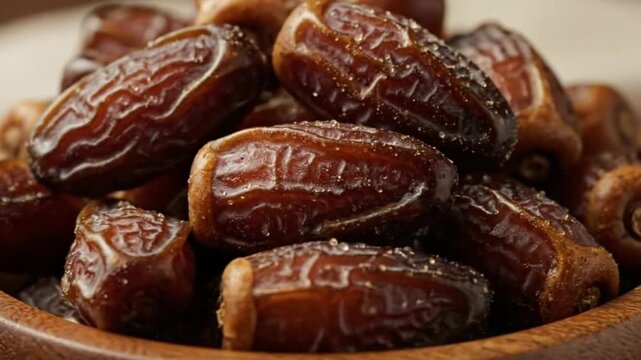 Closeup of a wooden bowl filled with glossy wrinkled dark brown dates