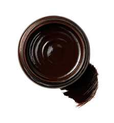 Dark chocolate spread in a glass jar, top-down view. A glossy, rich dark brown spread fills a round jar. A slightly viscous texture is visible, with a smooth surface and subtle swirls.