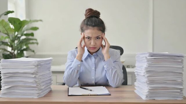 Overwhelmed: A woman, seated at her desk, face etched with stress, grapples with a mountain of paperwork. Her weary posture and pensive expression reveal the emotional toll of an office environment.