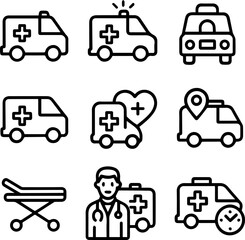 Collection of Ambulance Icons Depicting Medical Emergency and Healthcare Services.