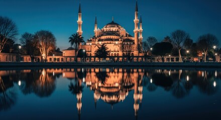 Fototapeta premium Mosque at twilight, reflected in water