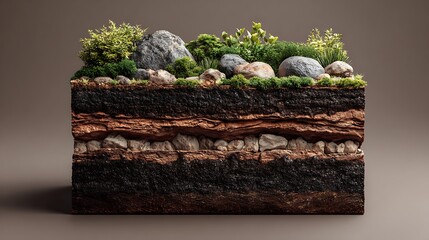 Earth Cross Section Shows Soil Layers with Plants and Rock Formations