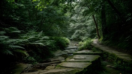 Obraz premium Lush Green Forest Pathway Mossy Stream Scenic Nature Trail