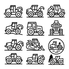 Collection of Black and White Line Art Agricultural Vehicles.