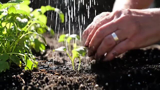 Hands carefully place a young plant into the rich, dark soil, nurtured by gentle rain.