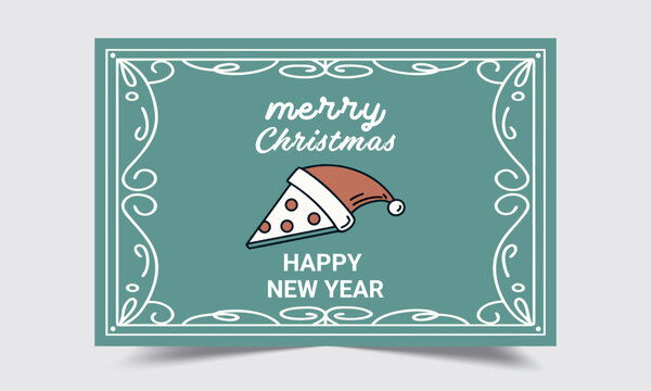 Funny Christmas Card Design with Pizza Slice Wearing Santa Hat - Quirky Holiday Greeting Card Template Teal Background Vintage Border - Merry Christmas Happy New Year Food Humor Vector