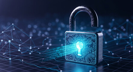 Digital padlock with glowing circuit board design represents cybersecurity and data protection in the modern technological landscape