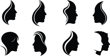 Collection of Eight Black Silhouette Profiles of Human Faces and Hair woman