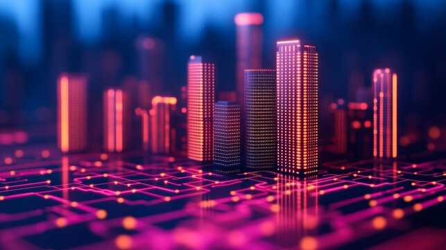 A futuristic city skyline illuminated with vibrant neon lights against a digital circuit background, symbolizing technology and urban life, Perfect for tech, innovation, and smart city themes,