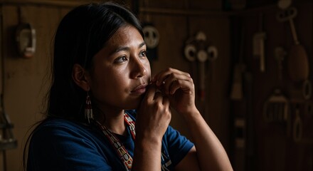 Girl adjusting earring in low-lit room with rich tones and cultural background in everyday realism