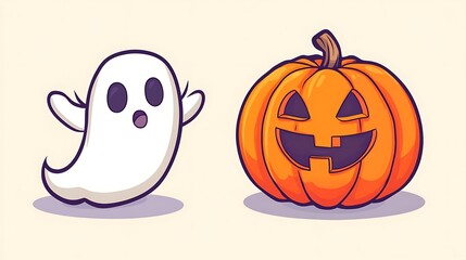 Cartoon pumpkin with spooky expression and ghost
