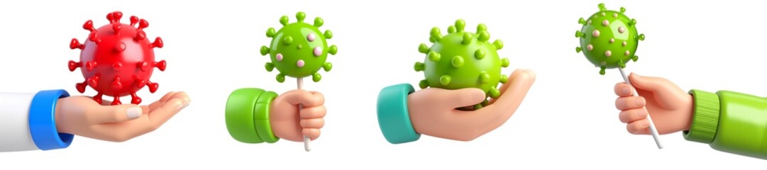 3D hand holding virus model green and red cartoon style isolated healthcare pandemic medical protection playful education