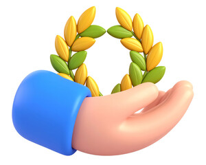 Hand holding laurel wreath, symbolizing victory, achievement, and honor, with cheerful and colorful 3D cartoon style, evoking sense of celebration and success