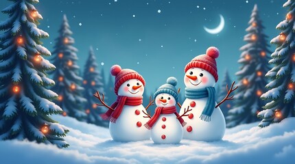 Fototapeta premium Cute snowman family in snowy forest with christmas lights