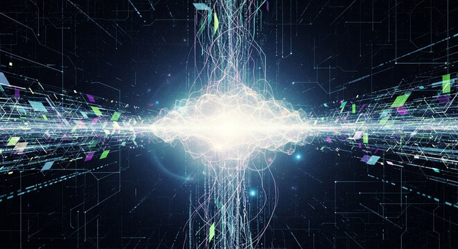 Abstract digital data stream with binary code and futuristic technology for communication and connection with dynamic motion and energy effect
