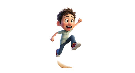 Animated character with expressive eyes joyfully leaps over a banana peel stunt