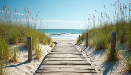 Wooden boardwalk to beach with sand dunes, grass and ocean in distance. Gentle waves, blue sky and tranquil atmosphere. Coastal scene with grasses swaying in breeze, sandy shore and clear horizon.