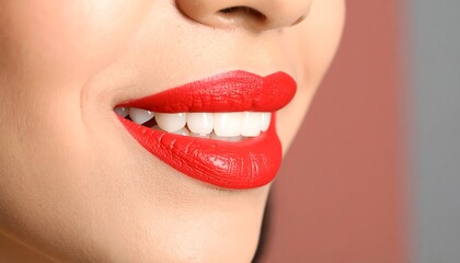 Fototapeta premium Close-up of a woman's mouth showcasing vibrant red lipstick and a dazzling smile.