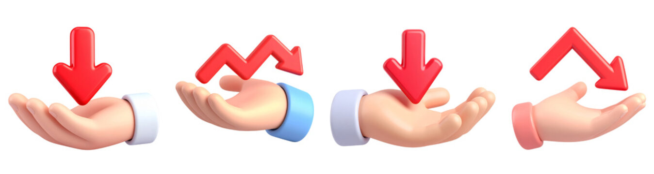 Down arrow hand red 3d cartoon finance decrease loss risk business Four 3d cartoon hands hold red arrows showing financial decrease loss and risk symbolizing business downturn and negative trend