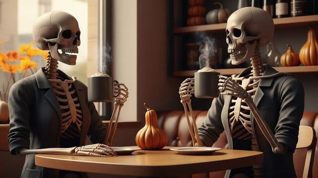 Skeletons enjoying coffee in cafe during autumn season illustration