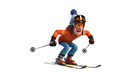 Cartoon skier with orange jacket enjoying adventurous mountain skiing activity