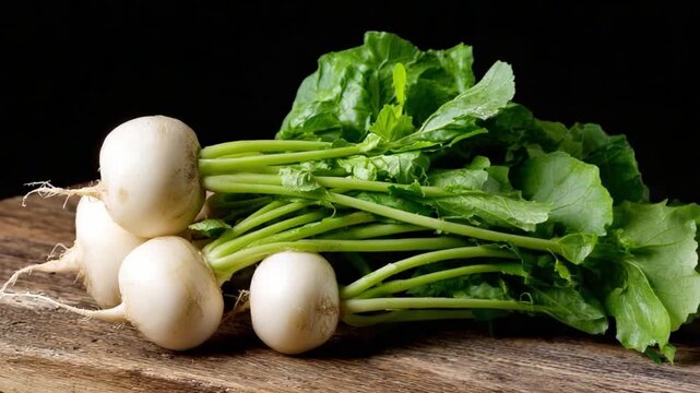 Fresh White Turnips: A rustic still-life featuring crisp, white turnips with vibrant green leaves, artfully arranged on a textured wooden surface against a dark backdrop.