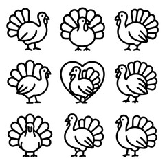 Collection of Simple Black Line Art Turkeys.