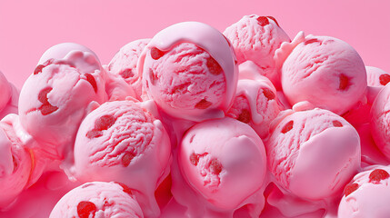 Detailed top-down shot of multiple light pink ice cream scoops with melting edges and visible strawberry chunks.  Close-up food photography.