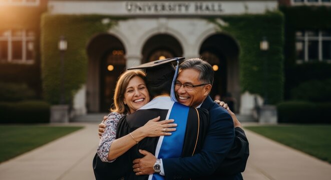 Proud family hugs graduate in front of university building