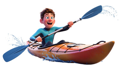 Enthusiastic cartoon character paddles a kayak joyfully splashing water around