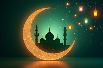 Elegant Islamic Ramadan background with crescent moon, mosque silhouette, and lanterns
