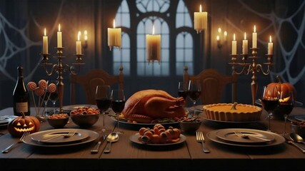 Spooky Halloween Feast A festive dining table with turkey and pumpkins