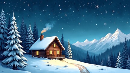 Fototapeta premium Cozy snowy cabin in mountainous winter landscape with starry night sky