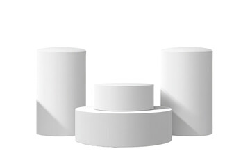Three white cylindrical podiums, two flanking a central, slightly raised double-tiered podium