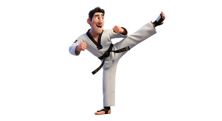 Dynamic cartoon taekwondo character executes a soaring sidekick on black