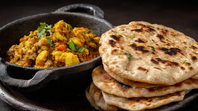 Spiced Curry with Flatbread: A culinary composition presents a mouthwatering curry, richly infused with aromatic spices, alongside a stack of golden-brown flatbread.