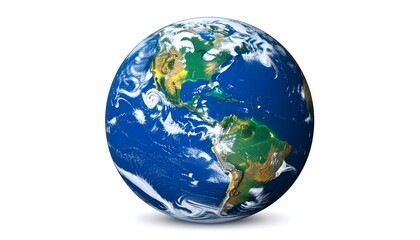 Fototapeta premium Detailed depiction of planet Earth, highlighting continents, oceans, and atmospheric patterns, set against a plain white background.
