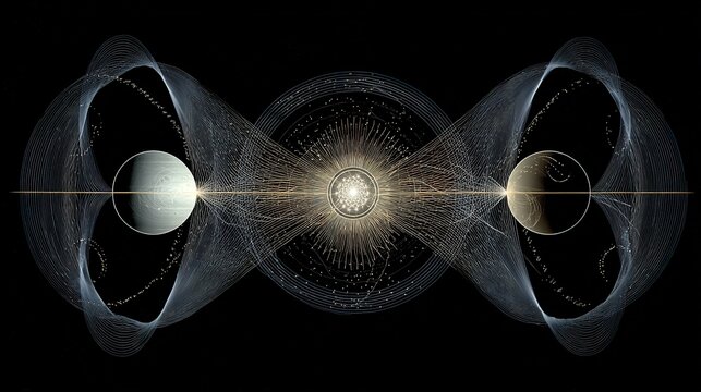 Celestial bodies linked by harmonic resonance lines, dancing in space with a fading phantom planet.