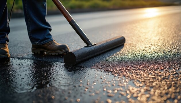 Man in blue jeans, brown shoes, applies black paint to gray road surface with paint roller. Road maintenance, asphalt repair, sealcoating work, manual labor, equipment, tool, brush, squeegee in