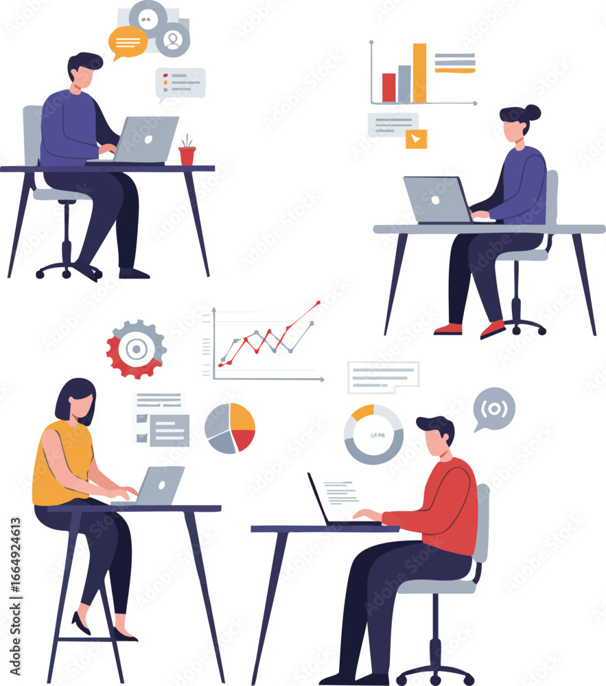 Poster diverse professionals are actively engaged in collaborative online work, utilizing laptops and digit