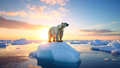 Polar bear sunset Arctic ice floe.