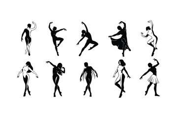 Ten black silhouettes of female ballet dancers in various graceful poses black and white
