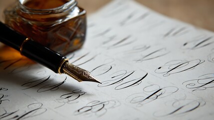 Fototapeta premium Close-up of calligraphy practice with a fountain pen and inkwell showcasing elegant lettering and traditional writing techniques