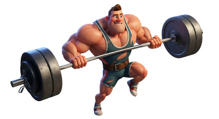 Cartoon weightlifter striving to lift heavy barbell in powerful animation