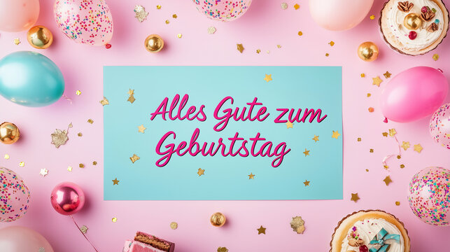 Photo frame text "Alles Gute zum Geburtstag" template with balloons and cake. Happy birtday in German. Template design for birtday card, birthday invitation, greeting card. Invitation card, birthday p