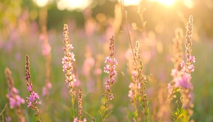 Delicate, light-filled meadow scene showcases tall, slender wildflowers in soft pastel pinks and purples bathed in golden sunlight.