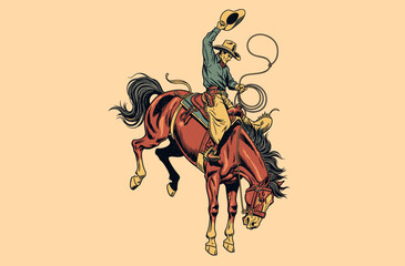 Wild West Rodeo Cowboy Illustration. Frontier Cowboy Spirit. Retro Western Rodeo Rider. A vintage illustration of rodeo cowboy. Cowboy action on bronco. Bronco Buster Rodeo Cowboy Action Sketch.